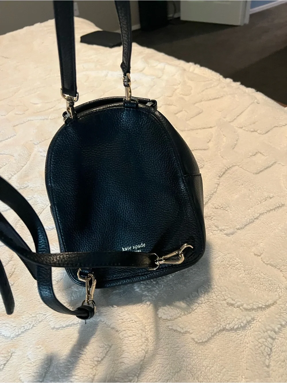 kate spade Black Pebbled Leather Mini Backpack with Spade Logo